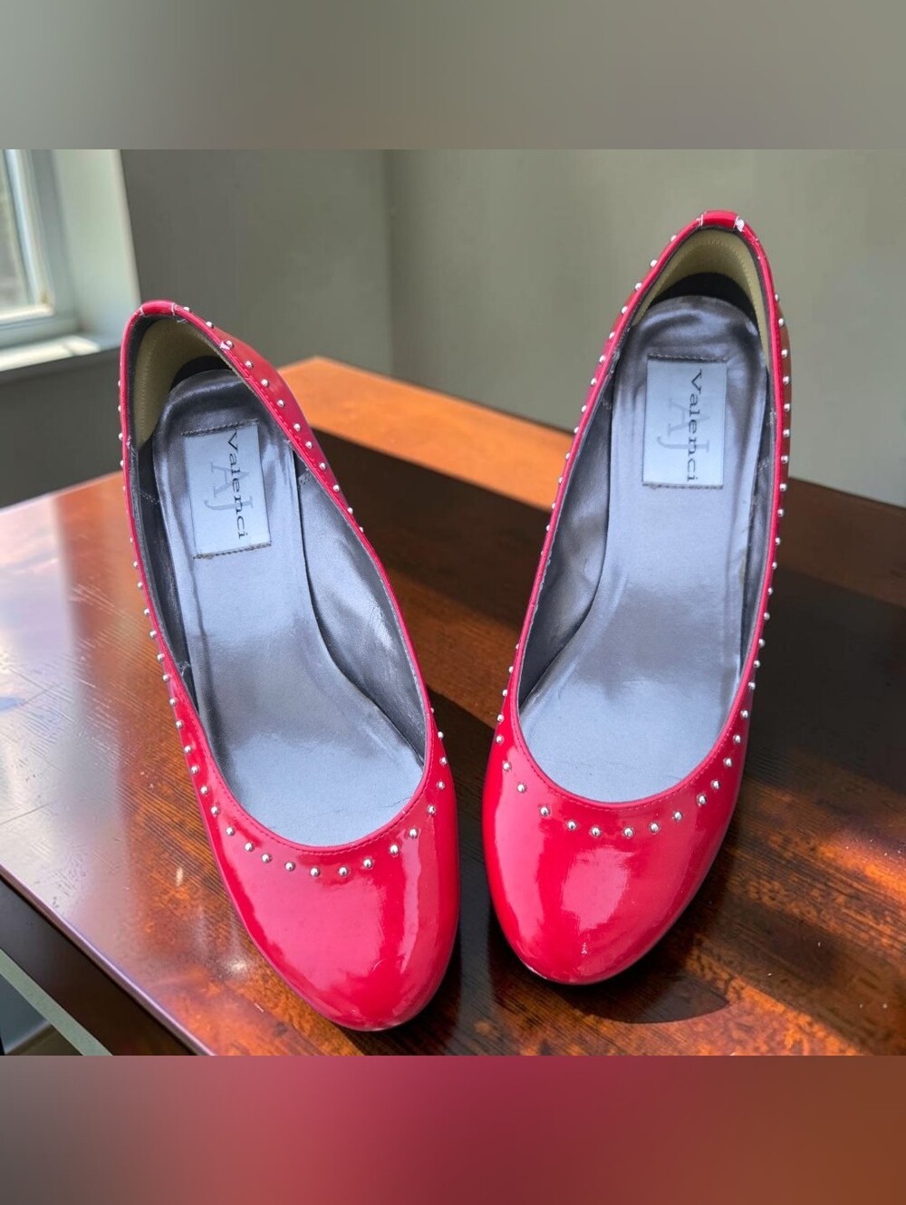 AJ Valenci Red Patent Studded Wedge Flats Low Wedge Pumps Size 9